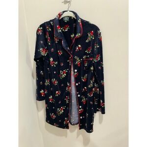 Laura Ashley Navy Floral Print Velour Pajama Shirt Nightgown Size M